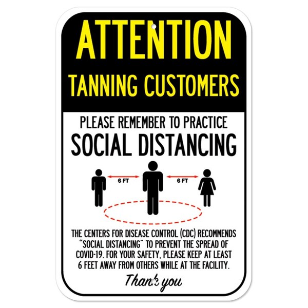 Public Safety Sign-Tanning Customers Practice Social Distancing, Heavy-Gauge, 12" H, A-1218-25365
